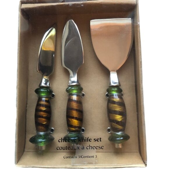Pier 1 Cheese Knife Set 3 pc in Amber Green Blown Glass  In Original Box - Picture 5 of 5